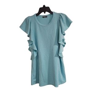 Heimish Usa Womens Sz M  Ruffled Sleeve Solid Ribbed Top Turquoise Teal